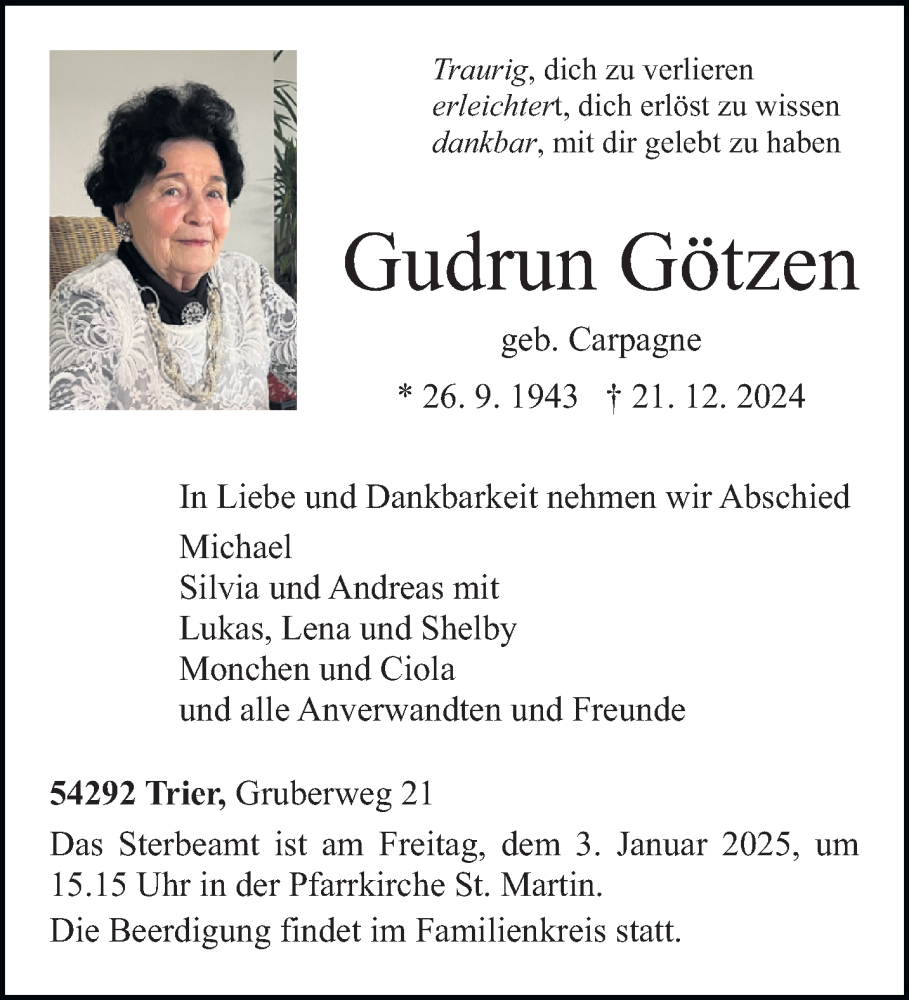  Traueranzeige für Gudrun Götzen vom 28.12.2024 aus trierischer_volksfreund