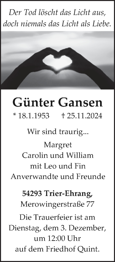 Traueranzeige von Günter Gansen von trierischer_volksfreund