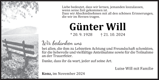 Traueranzeige von Günter Will von trierischer_volksfreund