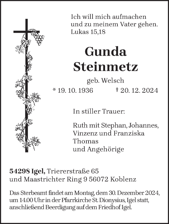 Traueranzeige von Gunda Steinmetz von trierischer_volksfreund