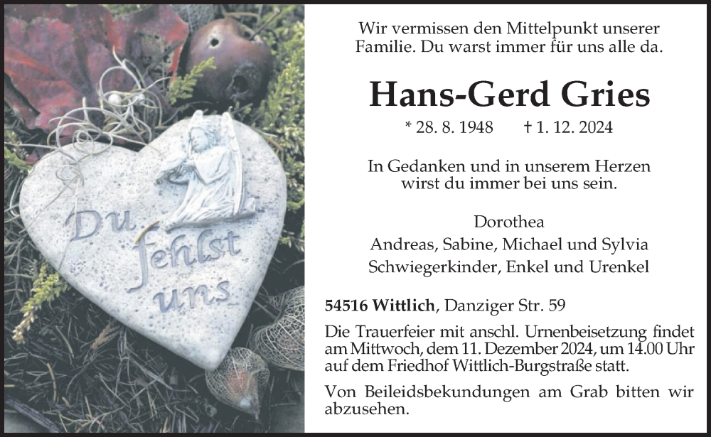  Traueranzeige für Hans-Gerd Gries vom 07.12.2024 aus trierischer_volksfreund