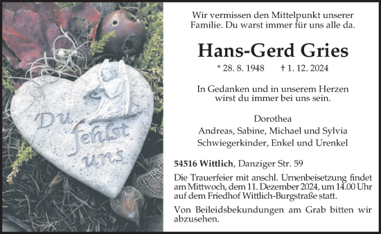 Traueranzeige von Hans-Gerd Gries von trierischer_volksfreund