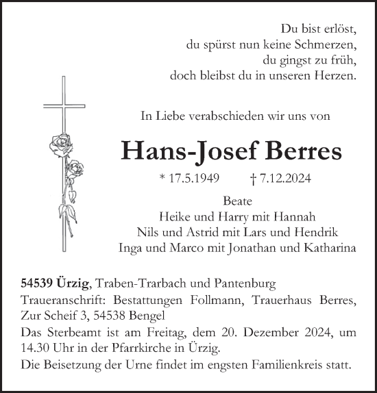 Traueranzeige von Hans-Josef Berres von trierischer_volksfreund