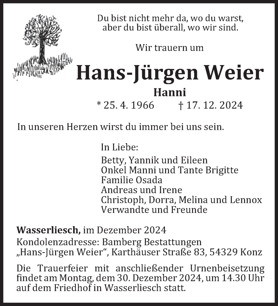  Traueranzeige für Hans-Jürgen Weier vom 24.12.2024 aus trierischer_volksfreund