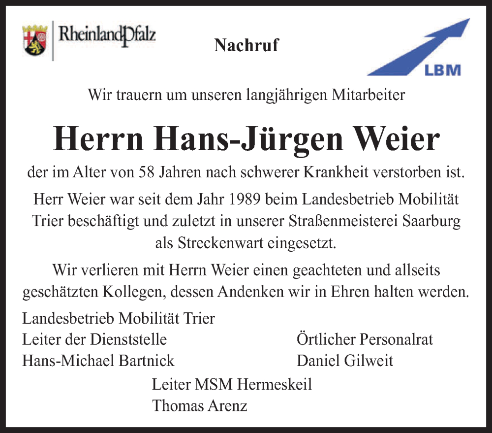  Traueranzeige für Hans-Jürgen Weier vom 24.12.2024 aus trierischer_volksfreund