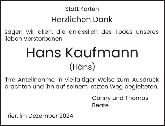 Traueranzeige von Hans Kaufmann von trierischer_volksfreund