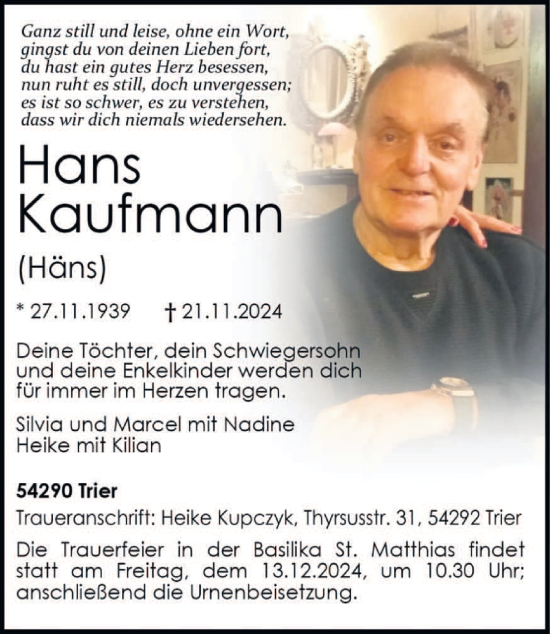 Traueranzeige von Hans Kaufmann von trierischer_volksfreund