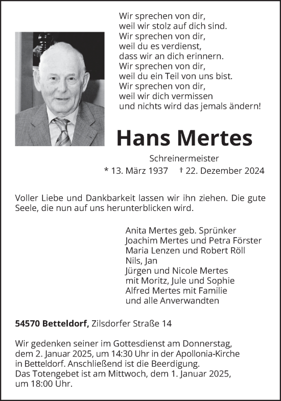 Traueranzeige von Hans Mertes von trierischer_volksfreund