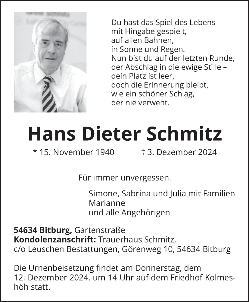  Traueranzeige für Hans Dieter Schmitz vom 07.12.2024 aus trierischer_volksfreund