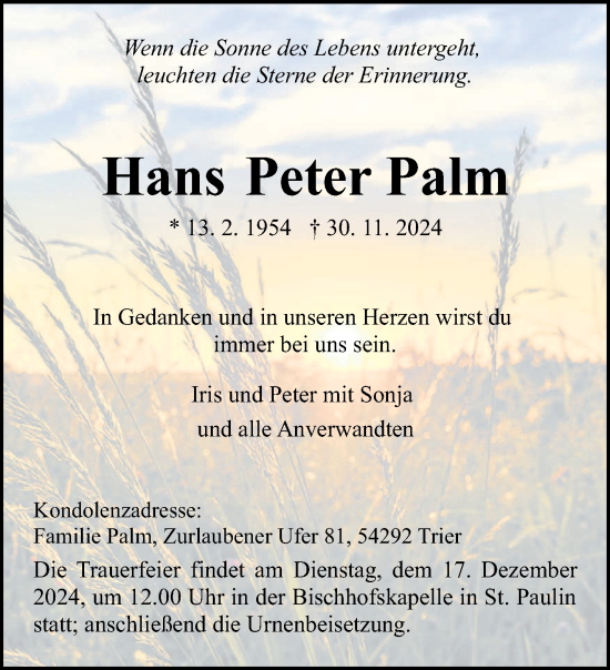 Traueranzeige von Hans Peter Palm von trierischer_volksfreund