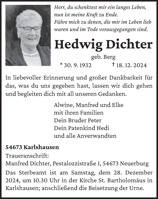 Traueranzeige von Hedwig Dichter von trierischer_volksfreund