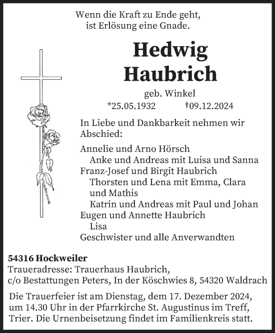 Traueranzeige von Hedwig Haubrich von trierischer_volksfreund