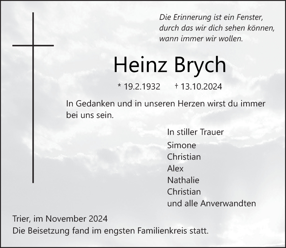  Traueranzeige für Heinz Brych vom 30.11.2024 aus trierischer_volksfreund