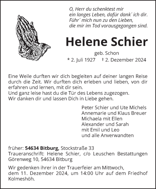 Traueranzeige von Helene Schier von trierischer_volksfreund