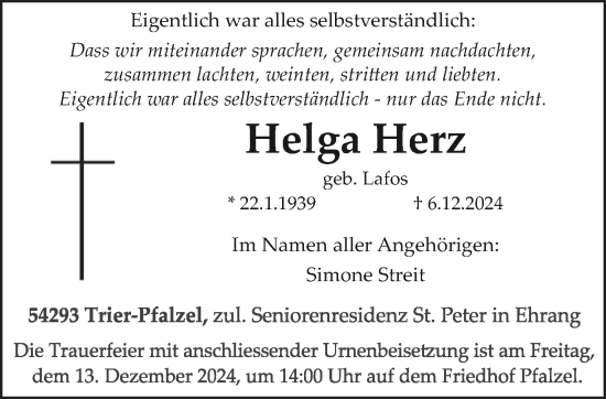 Traueranzeige von Helga Herz von trierischer_volksfreund