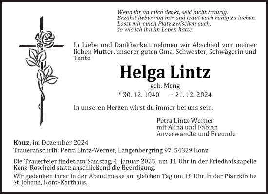 Traueranzeige von Helga Lintz von trierischer_volksfreund