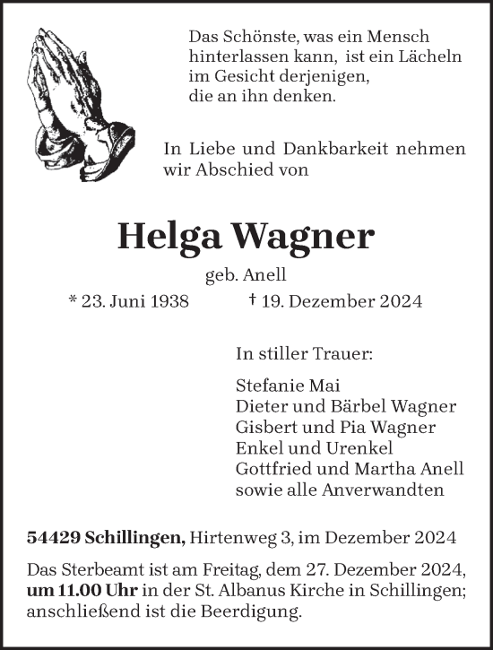 Traueranzeige von Helga Wagner von trierischer_volksfreund