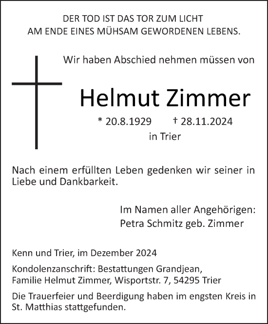 Traueranzeige von Helmut Zimmer von trierischer_volksfreund