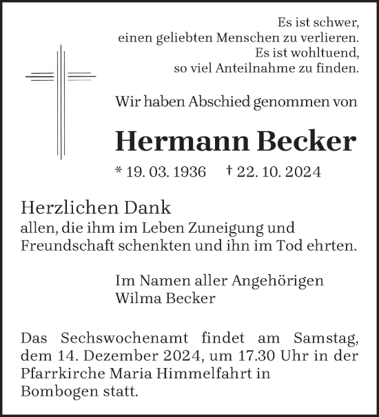 Traueranzeige von Hermann Becker von trierischer_volksfreund