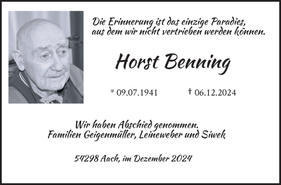 Traueranzeige von Horst Benning von trierischer_volksfreund