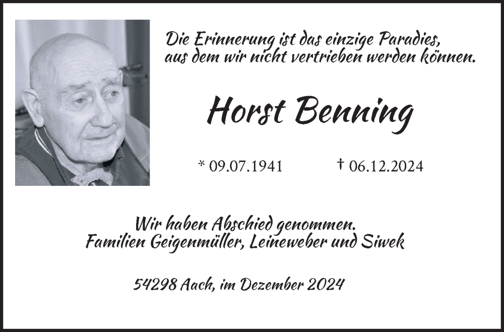  Traueranzeige für Horst Benning vom 21.12.2024 aus trierischer_volksfreund