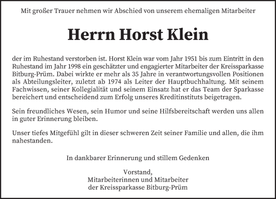 Traueranzeige von Horst Klein von trierischer_volksfreund