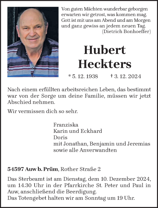 Traueranzeige von Hubert Heckters von trierischer_volksfreund