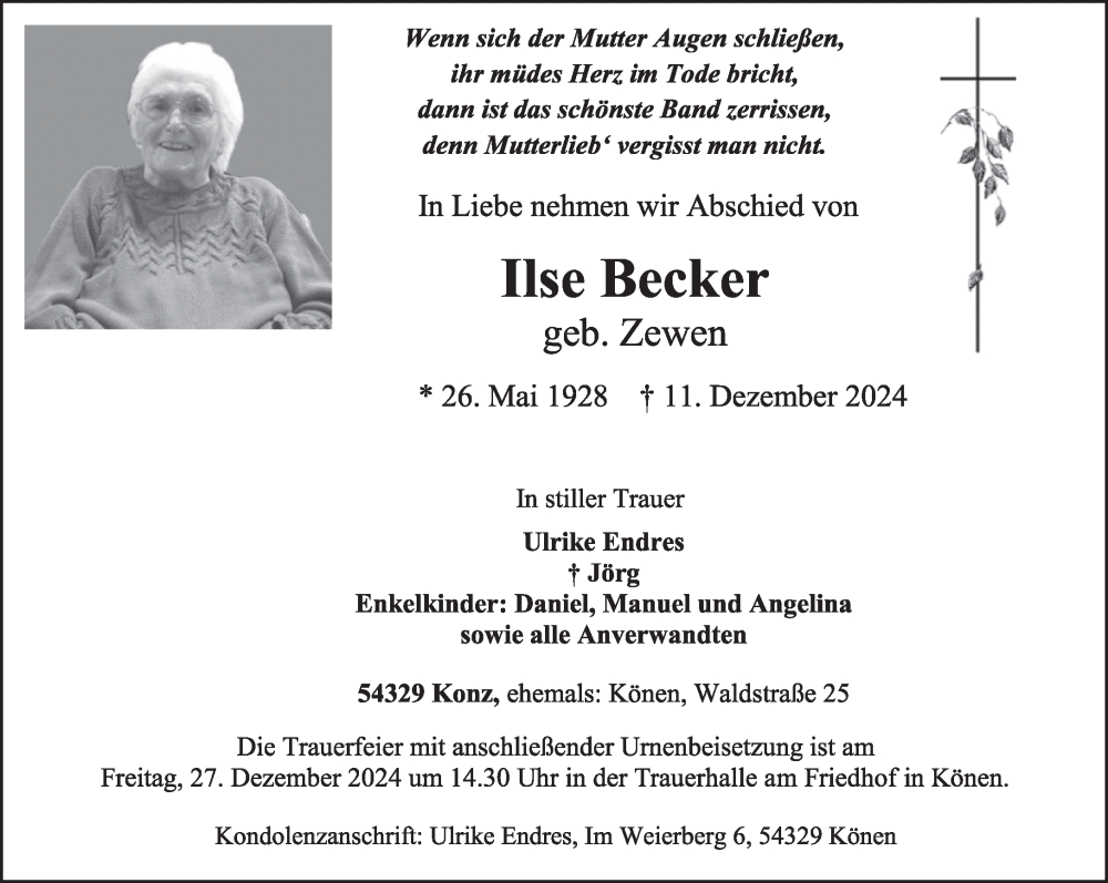 Traueranzeige für Ilse Becker vom 21.12.2024 aus trierischer_volksfreund