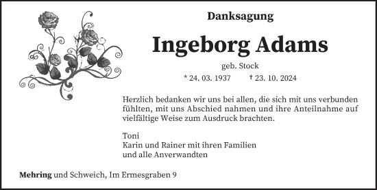 Traueranzeige von Ingeborg Adams von trierischer_volksfreund