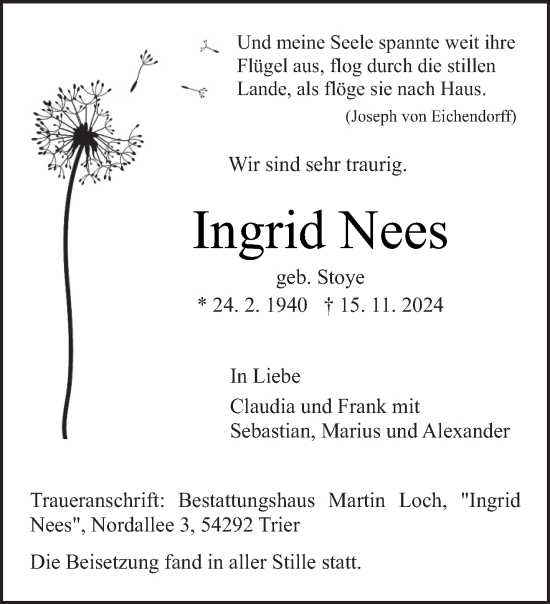 Traueranzeige von Ingrid Nees von trierischer_volksfreund