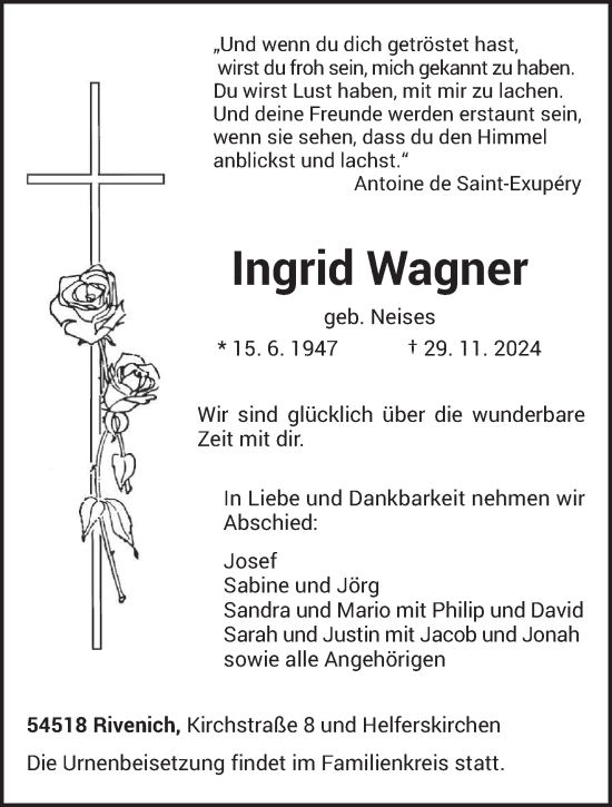 Traueranzeige von Ingrid Wagner von trierischer_volksfreund