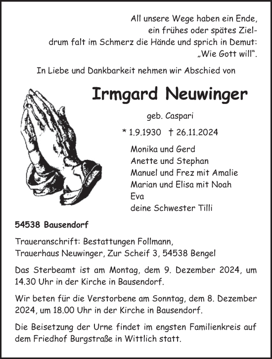 Traueranzeige von Irmgard Neuwinger von trierischer_volksfreund