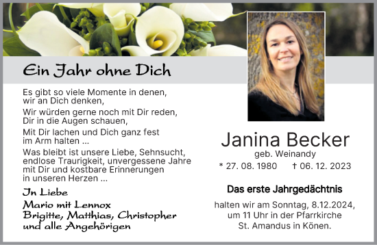 Traueranzeige von Janina Becker von trierischer_volksfreund