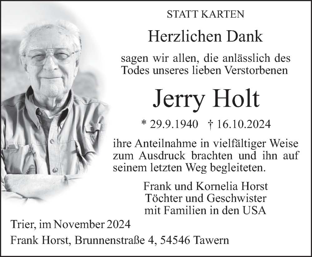  Traueranzeige für Jerry Holt vom 30.11.2024 aus trierischer_volksfreund
