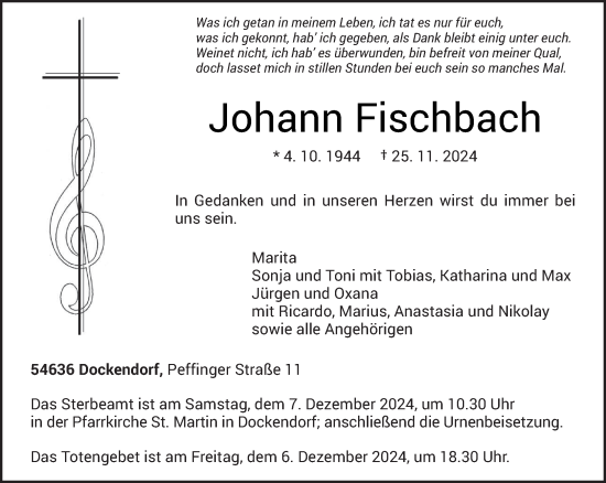 Traueranzeige von Johann Fischbach von trierischer_volksfreund