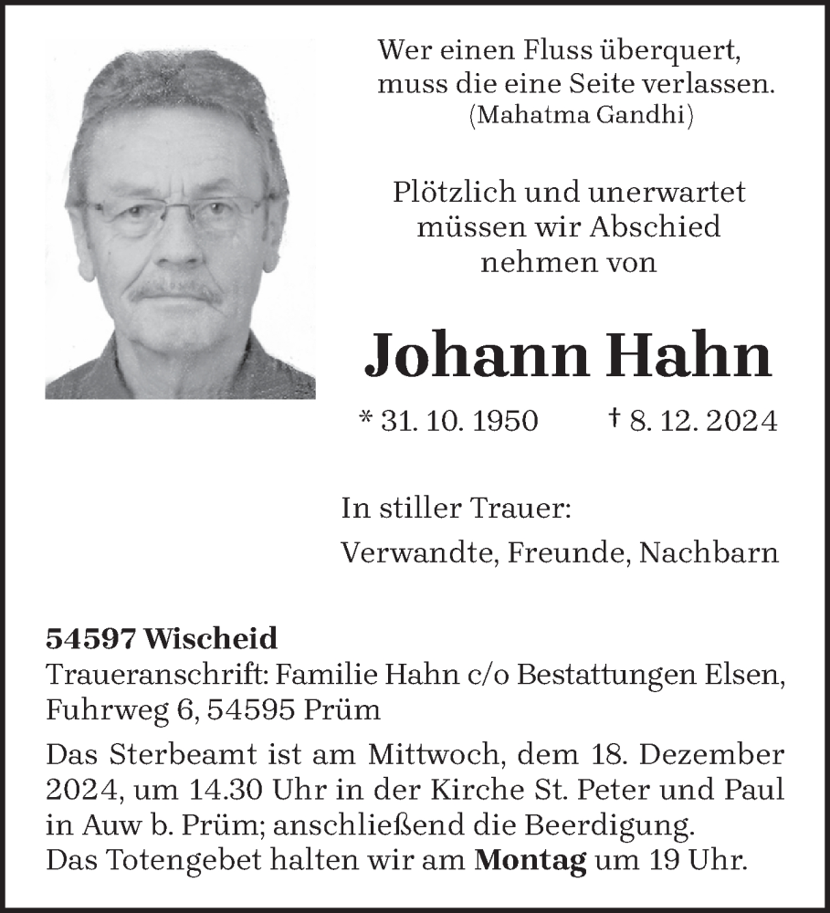  Traueranzeige für Johann Hahn vom 13.12.2024 aus trierischer_volksfreund