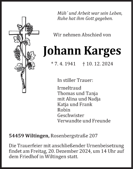 Traueranzeige von Johann Karges von trierischer_volksfreund