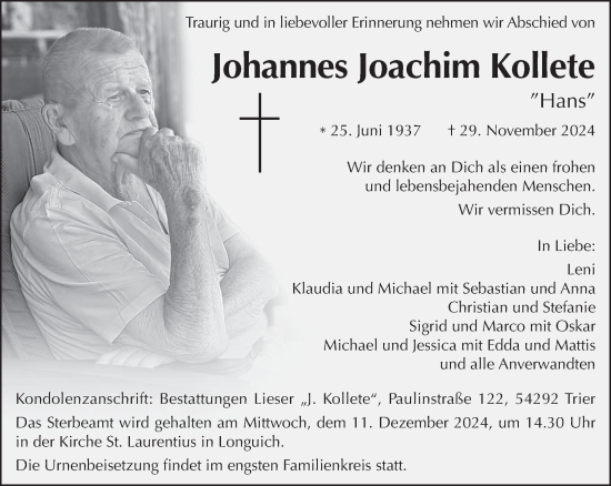 Traueranzeige von Johannes Joachim Kollete von trierischer_volksfreund