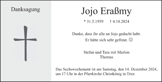 Traueranzeige von Jojo Eraßmy von trierischer_volksfreund
