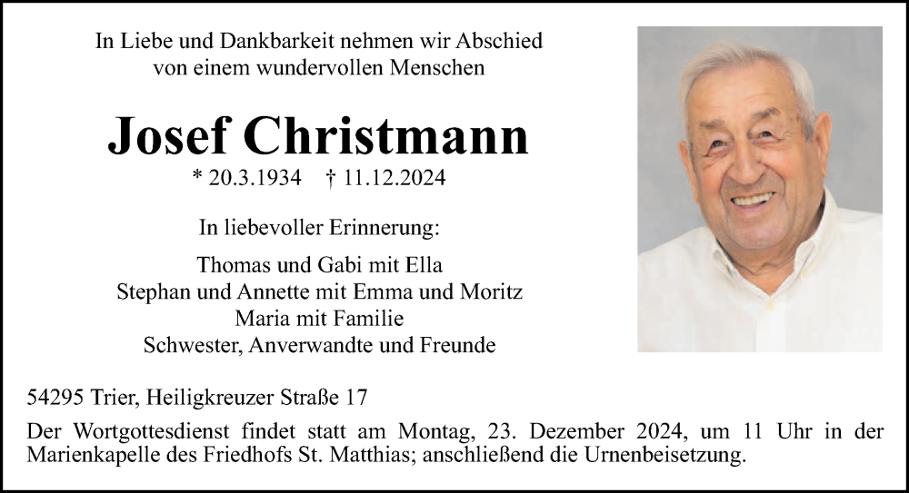  Traueranzeige für Josef Christmann vom 14.12.2024 aus trierischer_volksfreund