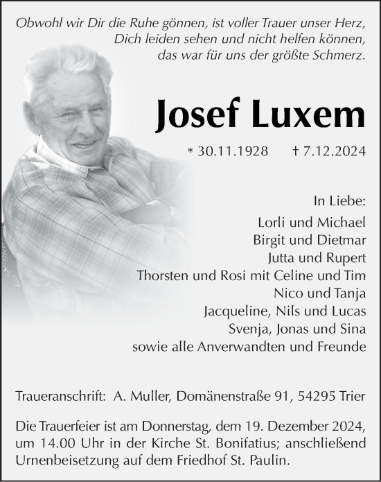 Traueranzeige von Josef Luxem von trierischer_volksfreund