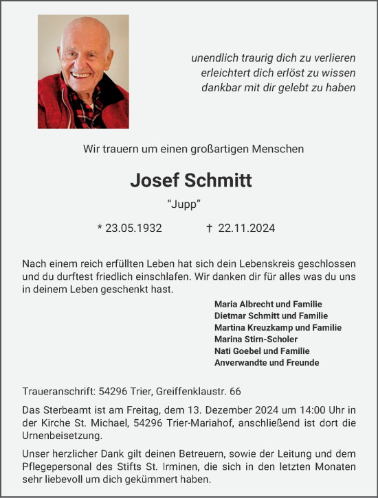 Traueranzeige von Josef Schmitt von trierischer_volksfreund