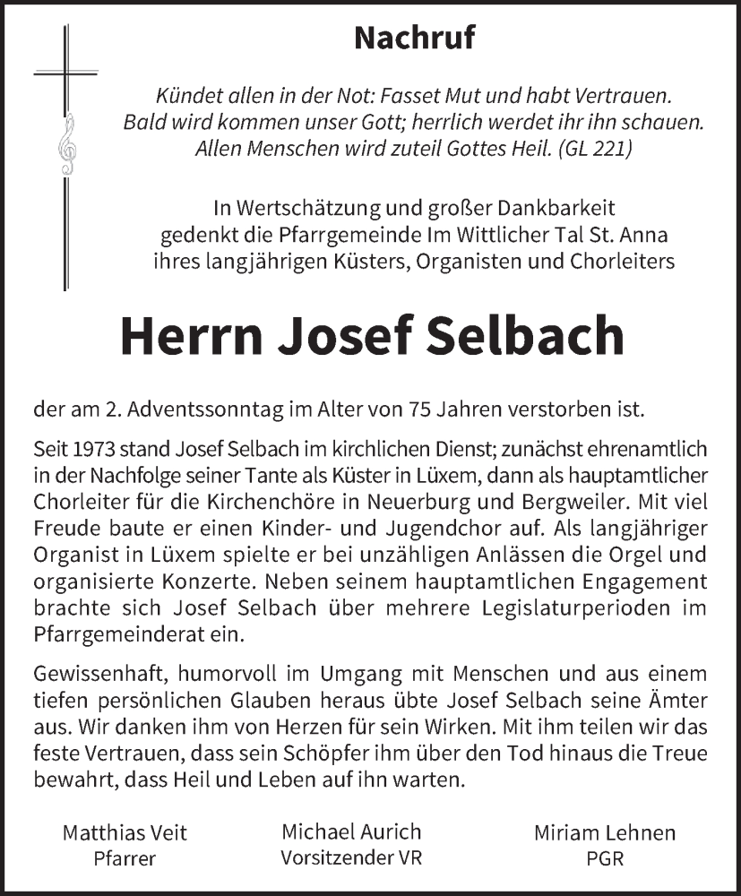  Traueranzeige für Josef Selbach vom 14.12.2024 aus trierischer_volksfreund