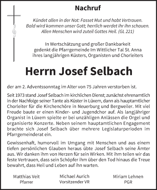 Traueranzeige von Josef Selbach von trierischer_volksfreund