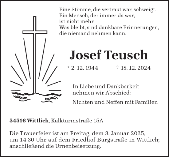 Traueranzeige von Josef Teusch von trierischer_volksfreund