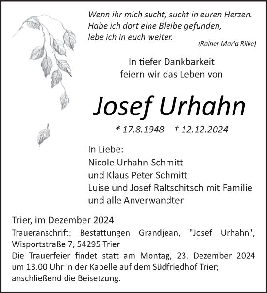 Traueranzeige von Josef Urhahn von trierischer_volksfreund