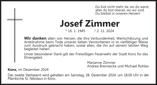 Traueranzeige von Josef Zimmer von trierischer_volksfreund