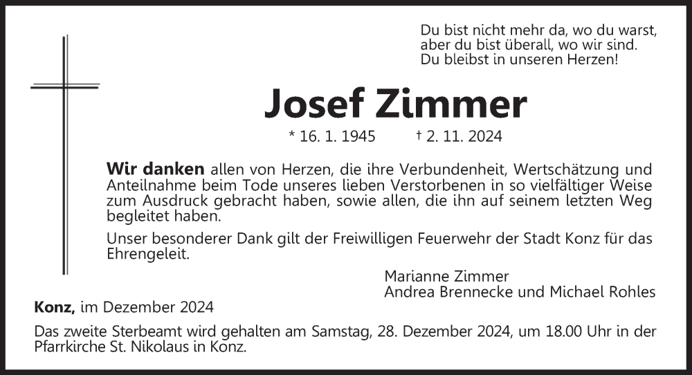  Traueranzeige für Josef Zimmer vom 21.12.2024 aus trierischer_volksfreund