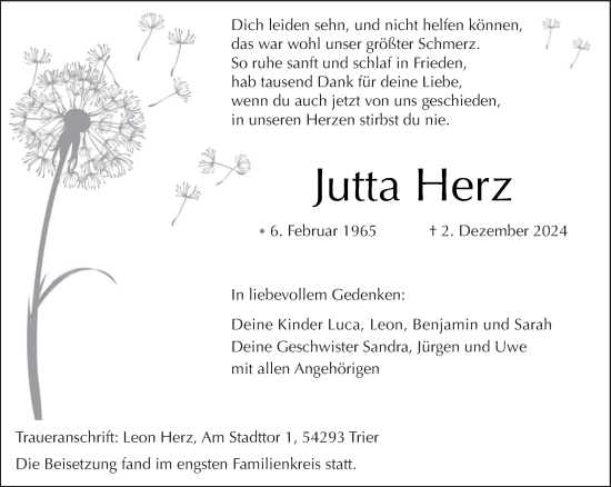 Traueranzeige von Jutta Herz von trierischer_volksfreund