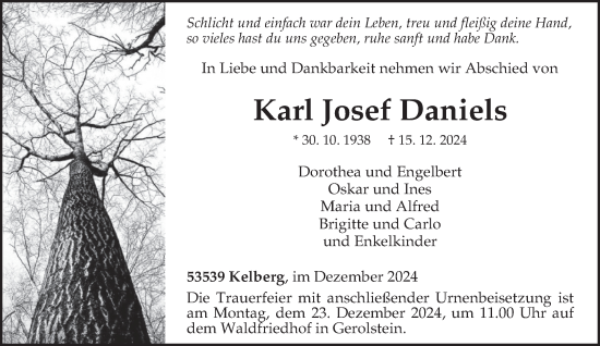 Traueranzeige von Karl Josef Daniels von trierischer_volksfreund